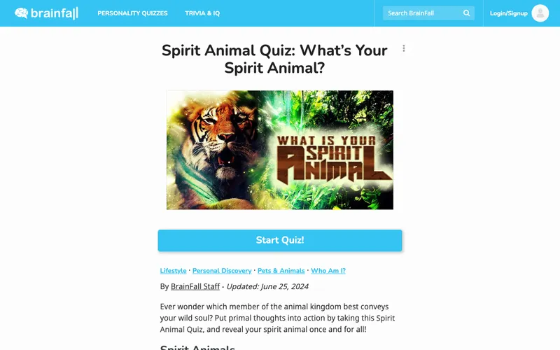 Screenshot of BrainFall Spirit Animal Quiz