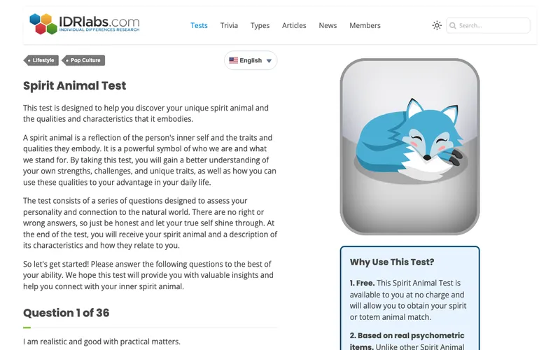 Screenshot of IDRlabs Spirit Animal Test