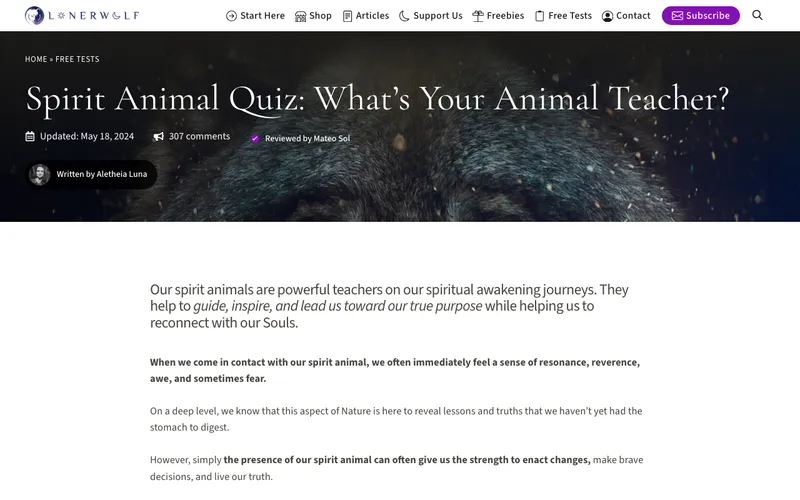 Screenshot of LonerWolf Spirit Animal Quiz