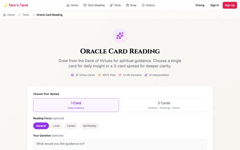 Taro's Tarot — free oracle card reading with 32 Virtue Cards