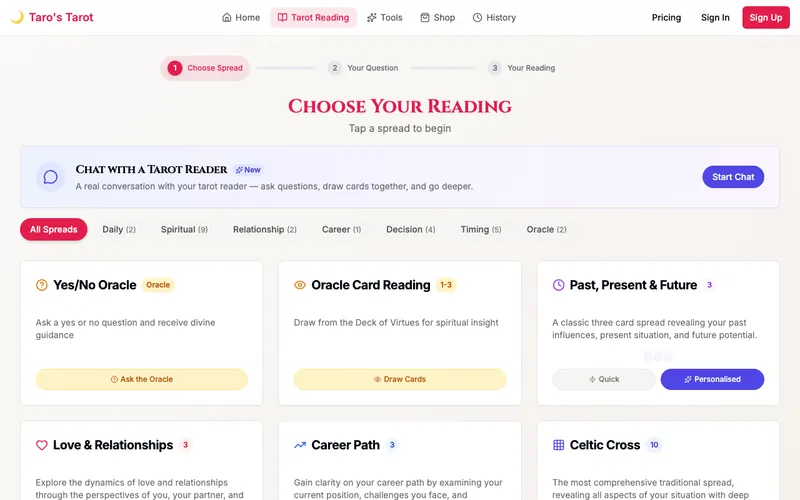 Taro's Tarot — free tarot reading interface showing 22+ spread types