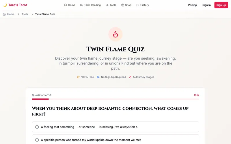 Taro's Tarot — free twin flame quiz and synastry calculator