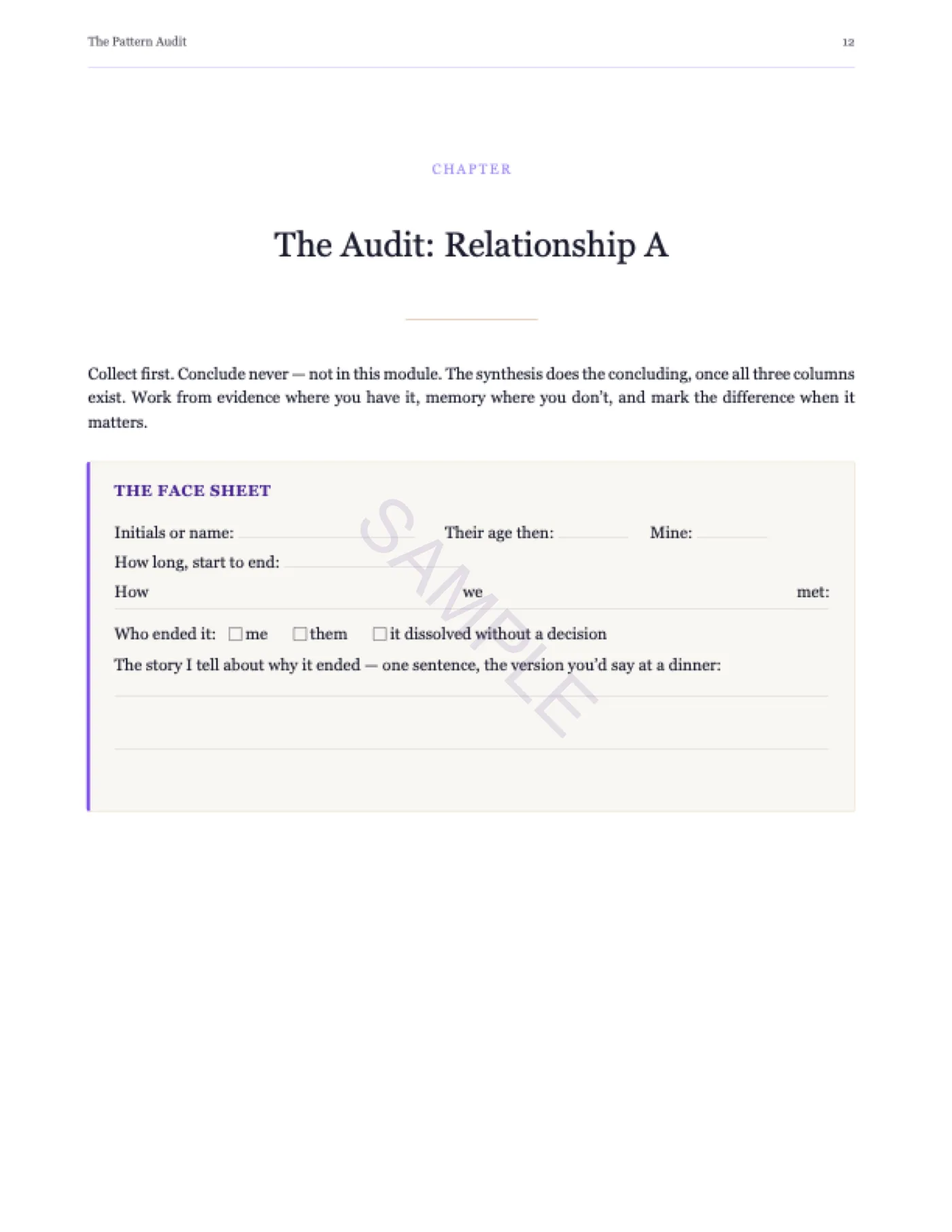 Sample page — the audit face sheet