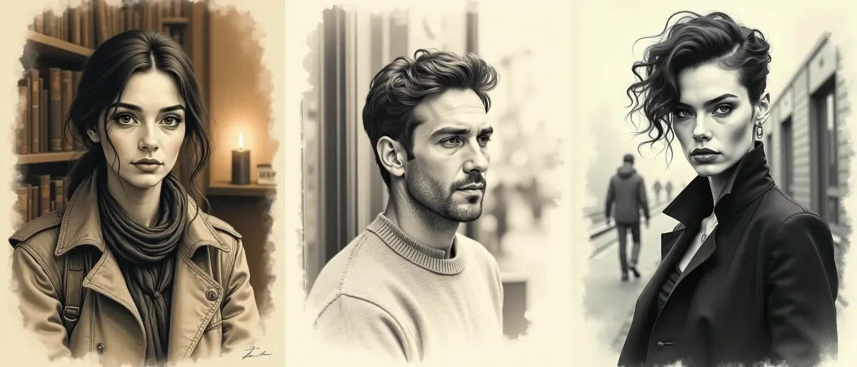 Three hand-drawn-style soulmate sketches — the kind of portrait drawn from your own answers