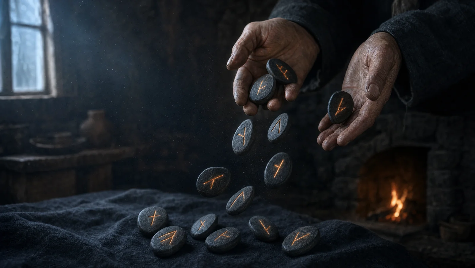 Two hands casting Elder Futhark rune stones onto a dark cloth