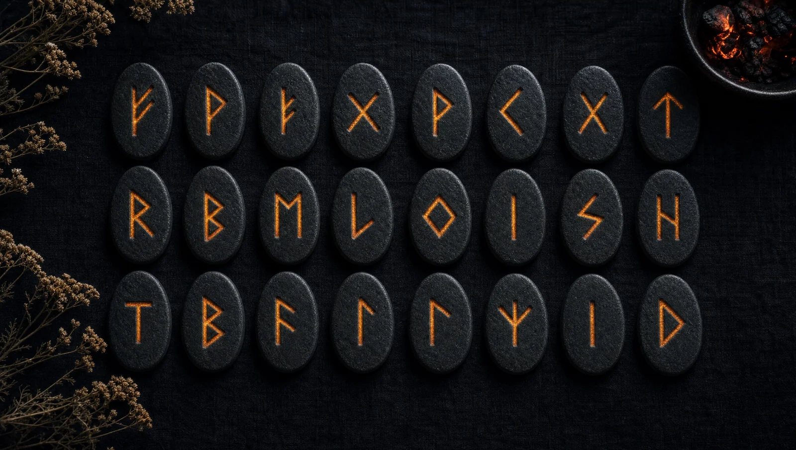 All 24 Elder Futhark rune stones laid out in three rows of eight on dark cloth