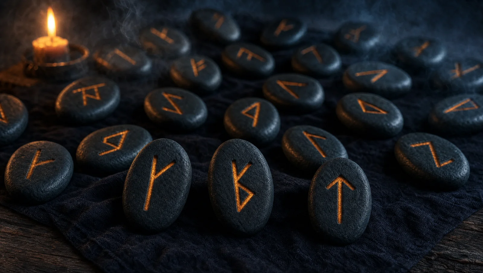 Elder Futhark rune stones scattered across dark cloth by candlelight